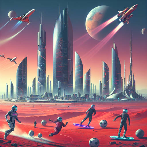 Imagine a futuristic city built on the surface of Mars, where inhabitants participate in zero gravity sports like space football and hoverboard racing, with sleek space shuttles and towering skyscrapers creating a breathtaking skyline against the backdrop of the red planet's vast and mysterious landscape.