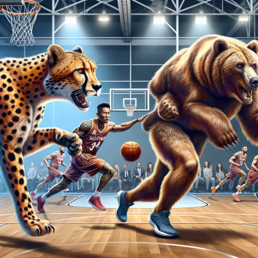 Create an image of a basketball court where the players are camouflaged as wild animals, blending seamlessly with the background through optical illusions.