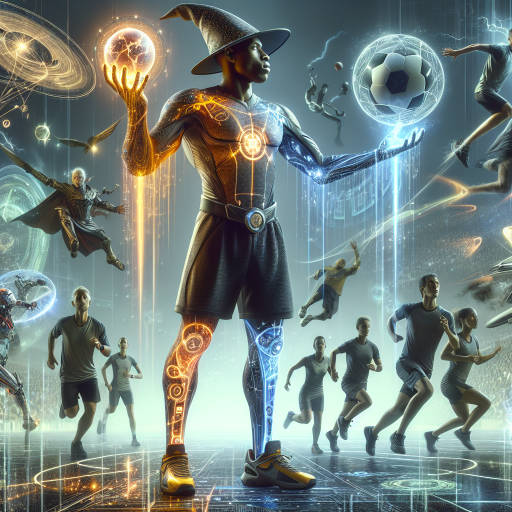 Imagine a wizard using magical technology to enhance their sports abilities - creating a futuristic sport where players use futuristic gadgets and magical spells to compete in a high-flying, action-packed game unlike anything seen before. Illustrate this unique fusion of wizardry, sports, and technology in a single dynamic image.