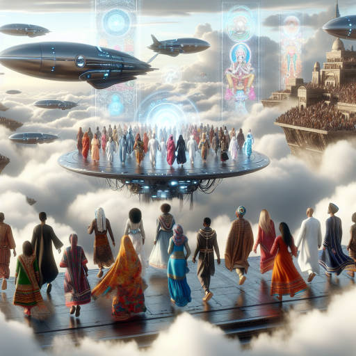 Create an image of a futuristic cultural festival in the sky, where attendees wear advanced technology-enhanced traditional clothing while floating through the clouds in airships adorned with holographic displays of ancient civilizations.