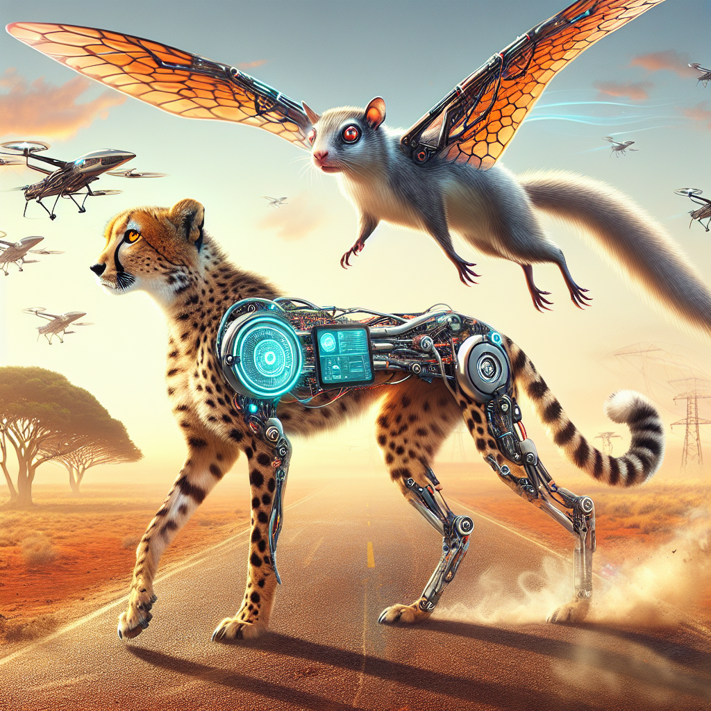 Imagine a futuristic world where animals have been genetically modified to possess technological enhancements, such as cyborg cheetahs with built-in speedometers and robotic wings for flying squirrels. Create an image that showcases this unique blend of science, technology, and animals in a visually stunning and imaginative way.