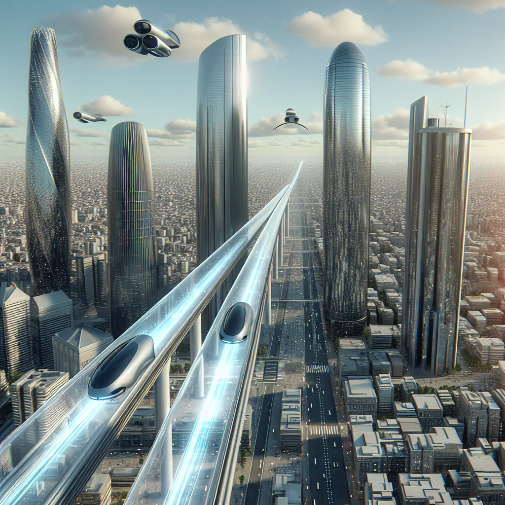 Imagine a futuristic city where floating transport pods zoom through transparent tubes above the cityscape, powered by advanced scientific technology. The transport pods are sleek and aerodynamic, seamlessly blending into the urban environment of towering skyscrapers and bustling streets. The city is a hub of innovation and progress, where science and transportation converge to create a cutting-edge metropolis of the future. Create an image capturing this imaginative and creative fusion of city life, science, and transport.