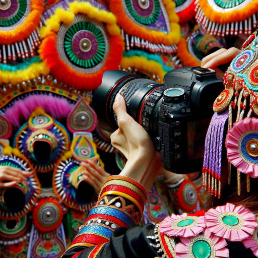 Imagine a mesmerizing image of a photographer capturing the intricate details of traditional cultural dance costumes using a high-tech macro lens at a vibrant cultural festival. The colors and textures of the costumes come alive in stunning detail, blending the ancient traditions with modern technology in a visually captivating way.