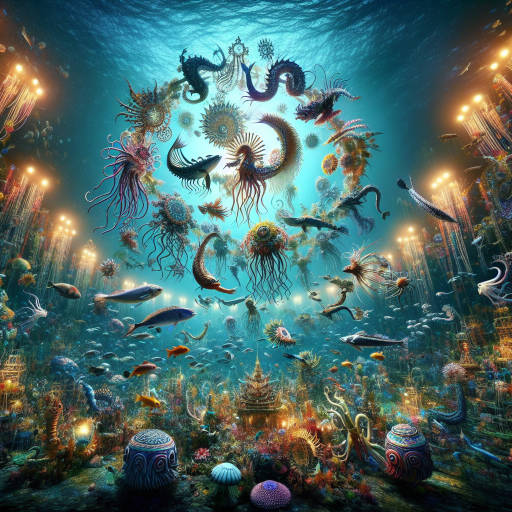 Imagine a vibrant cultural festival taking place deep underwater, where colorful marine creatures dance in the sky above, creating a mesmerizing display of beauty and wonder.