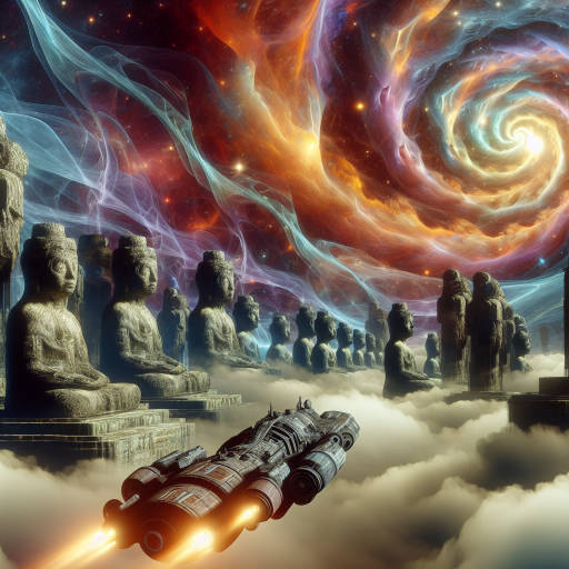 Create an image of an otherworldly spacecraft soaring through a dazzling sky filled with swirling vortexes of bright colors, while colossal ancient statues loom in the background, shrouded in mist and mystery.