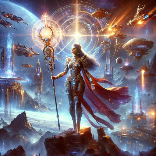 In a futuristic world where ancient magic has resurfaced, a legendary hero wielding a powerful staff made of pulsating energy stands atop a towering mountain, overseeing a breathtaking galaxy-spanning battle between advanced alien civilizations and mythical creatures. The hero, clad in shining armor and surrounded by shimmering shields of light, is the last hope for both sides in this epic struggle for the fate of the universe.