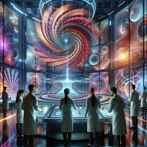 Imagine a futuristic laboratory where scientists are studying mind-bending optical illusions created by advanced technology, with epic displays of light and color swirling around them as they uncover the secrets of perception and reality.