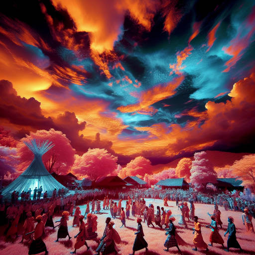 Create an otherworldly scene capturing the vibrant colors and energy of a cultural festival unfolding under a surreal sky illuminated in stunning infrared photography. Let your imagination run wild as you blend traditional festivities with a unique and futuristic twist, bringing to life a visually captivating and dreamlike image that transports viewers to a whole new world.