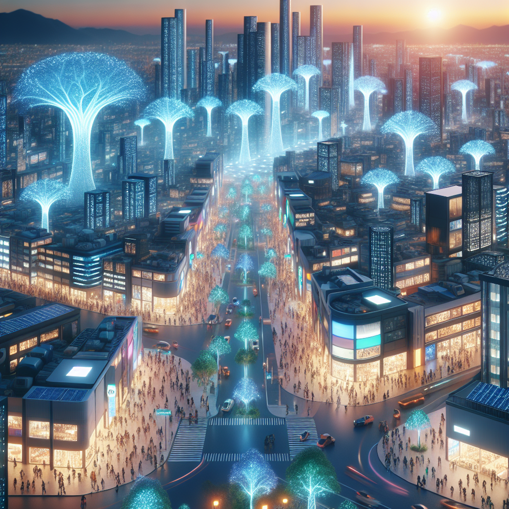 Create an image of a futuristic cityscape where giant bioluminescent trees tower over bustling businesses, powered by advanced renewable energy sources developed through groundbreaking scientific research.