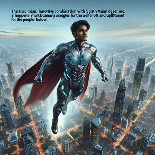 "Imagine a futuristic hero soaring above a bustling cityscape, utilizing advanced technics and cutting-edge business tactics to protect and uplift its citizens."