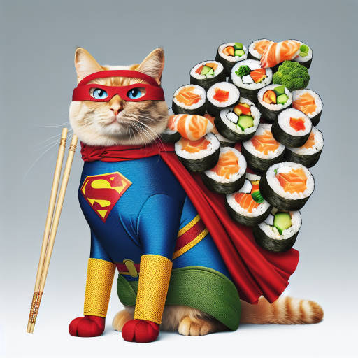 Imagine a brave and valiant superhero cat donning a colorful cape made entirely of delicious, mouth-watering sushi rolls, ready to save the day with their feline prowess and love for all things food-related.