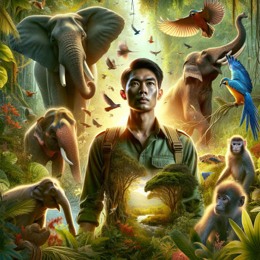 Imagine a portrait of a heroic wildlife conservationist standing proudly in the midst of a lush jungle, surrounded by majestic elephants, soaring birds, and playful monkeys. The sunlight filters through the canopy above, casting a warm glow on their determined face and highlighting the vibrant colors of the exotic flora and fauna around them. Capture the passion and bravery of this modern-day hero as they work tirelessly to protect and preserve the natural world.