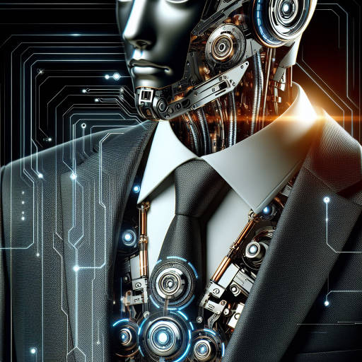 Create an image of a futuristic robot in a sleek business suit, captured in intricate detail through macro photography, highlighting the intricate machinery and technology that powers its functions.