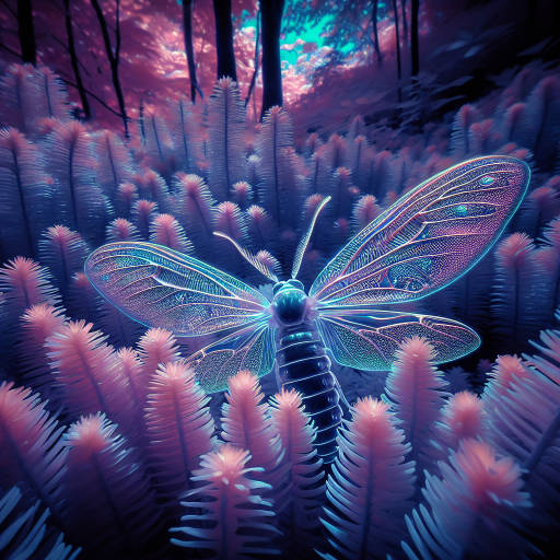 Imagine a tiny, glowing insect in a lush forest, captured in stunning detail with infrared photography. The insect's intricate wings shimmering with iridescent colors, creating a magical and otherworldly scene.