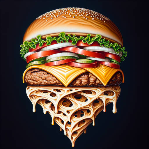 Create an optical illusion painting of a deliciously realistic hamburger that appears to be hovering in mid-air, with layers of melted cheese and crisp lettuce seemingly defying gravity.