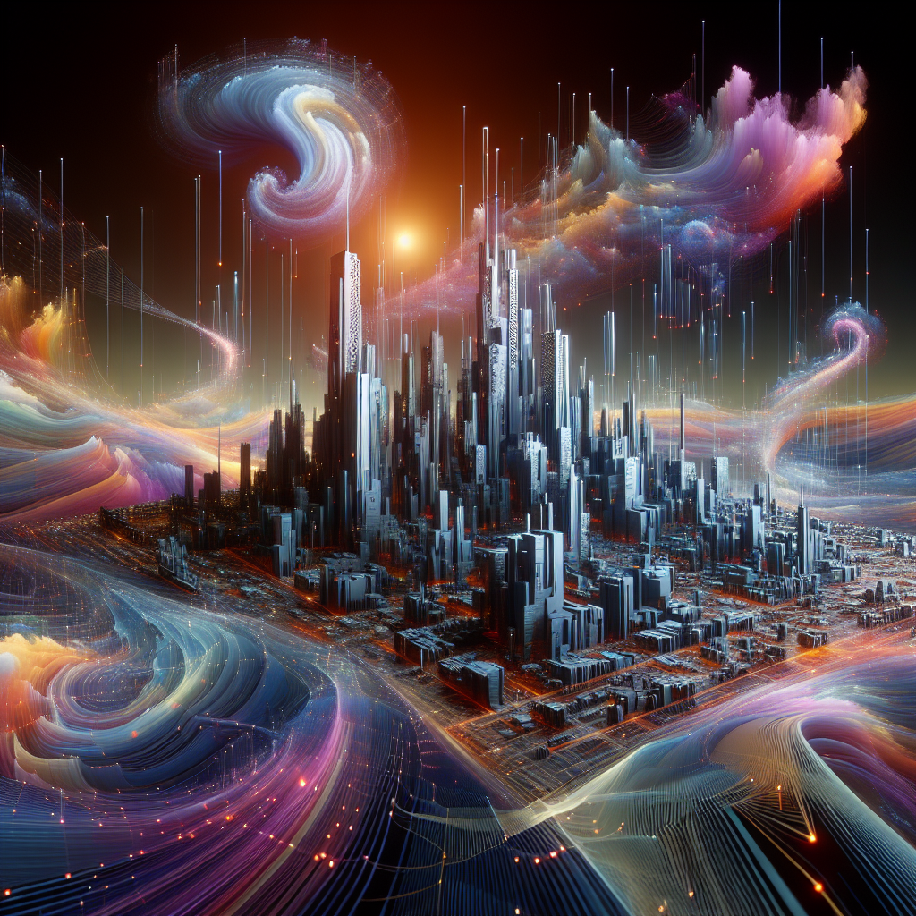 Create an abstract image of a futuristic cityscape floating in the sky, filled with swirling colors and patterns inspired by the wonders of science and technology.