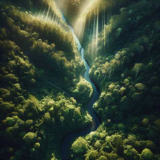 Imagine capturing a stunning aerial shot of a lush green forest with a winding river cutting through it, all seen from the unique perspective of a drone hovering above the treetops. The sunlight filtering through the leaves creates a mesmerizing pattern of shadows on the forest floor, providing a breathtaking view of the beauty of nature from a bird's eye view.