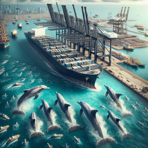 Imagine capturing a stunning aerial shot of a pod of dolphins gracefully swimming alongside a cargo ship as it navigates through a bustling port city, showcasing the harmonious coexistence between wildlife and transport in a unique and captivating way. Create a mesmerizing image that highlights the beauty of both nature and human innovation from a bird's eye view.