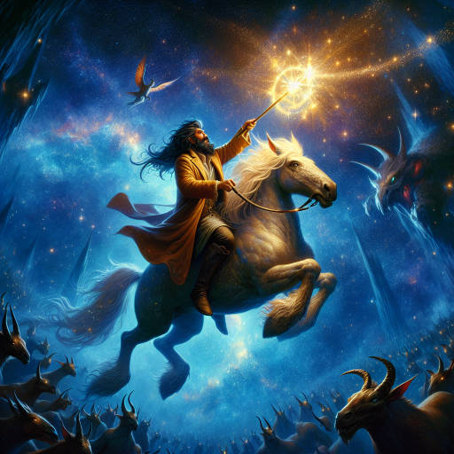 Create an image of a heroic wizard soaring through the galaxy on a celestial steed, wielding a staff made of stardust and fighting off evil creatures lurking in the cosmos.