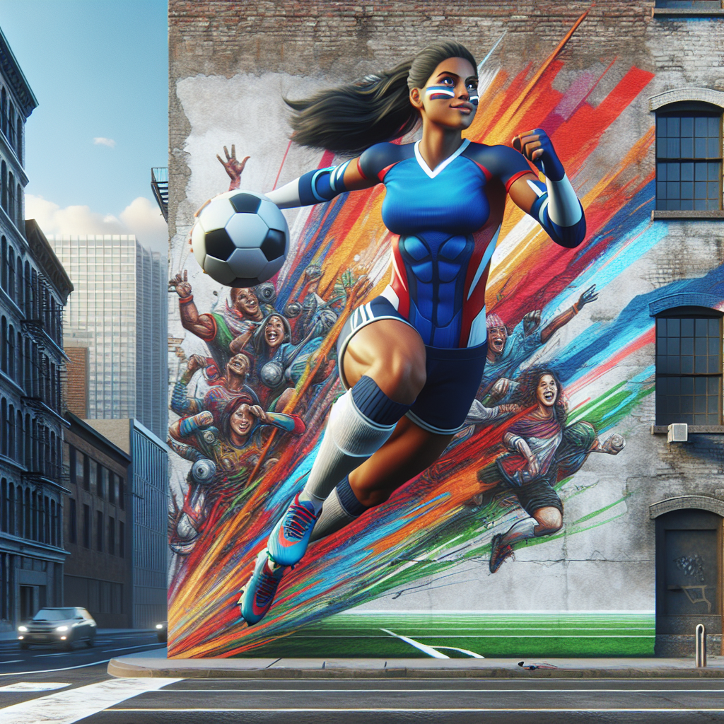 Create an image of a superhero artist using their athletic abilities to paint a vibrant and dynamic mural on a city wall, blending their passion for sports and art in a heroic display of creativity.