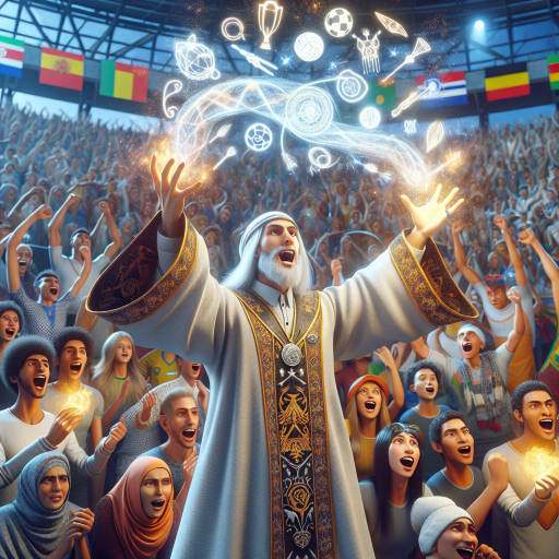 Imagine a magical wizard participating in a cultural festival dedicated to sports, casting spells to enhance the abilities of the athletes and bring good luck to the teams competing. The wizard's robes are adorned with symbols representing different sports, surrounded by a vibrant and diverse crowd cheering on the competitors. How would this scene come to life in a captivating and fantastical image?