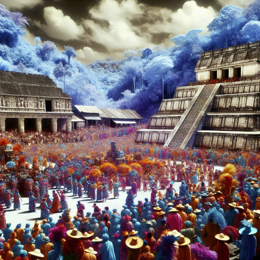 Create an image of an ancient Mayan cultural festival captured through the unique lens of infrared photography, showcasing the vibrant colors and energy of the traditional ceremony in a surreal and otherworldly way.