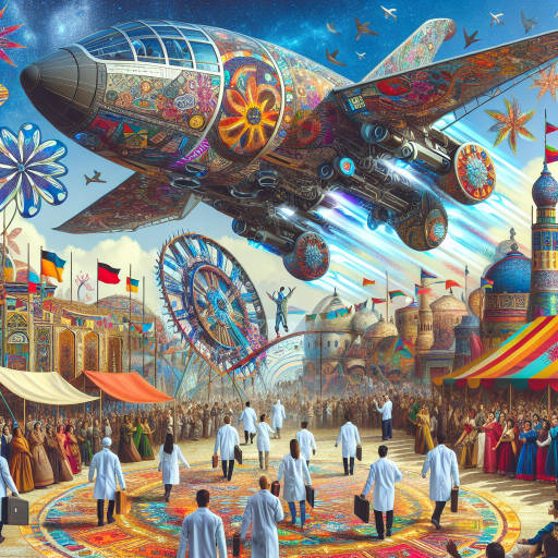 Imagine a futuristic flying machine adorned with intricate cultural festival decorations, carrying a team of scientists on their way to a groundbreaking research expedition in a far-off land. The machine is powered by cutting-edge technology and is surrounded by vibrant colors and symbols representing different cultures from around the world. The scene is set against a backdrop of a bustling cultural festival, with music, dance, and traditional costumes adding to the energy and excitement of the moment. Capture this unique blend of transport, science, and cultural celebration in a single image.