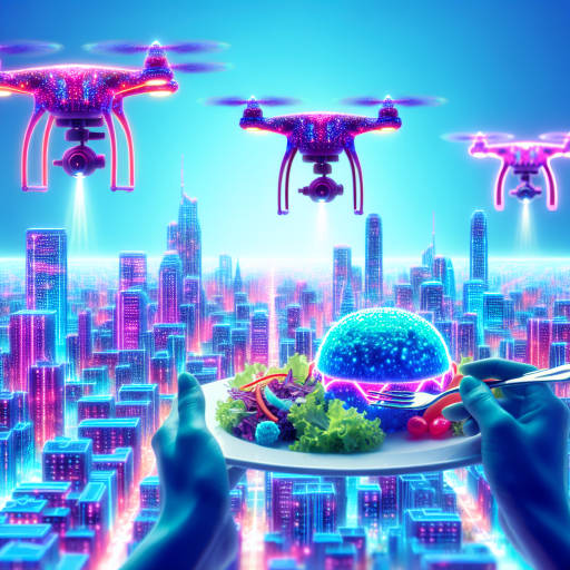 Imagine a futuristic world where drones deliver vibrant, glowing dishes created with infrared photography techniques. Capture the unique blend of technology and artistry as these otherworldly meals are transported through the sky in a mesmerizing display of color and light.