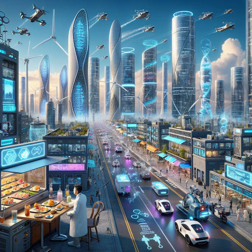 Food: Imagine a bustling city street lined with food trucks serving futuristic dishes like holographic sushi and liquid nitrogen ice cream. 

City: Picture a cityscape where skyscrapers are powered by renewable energy sources and flying cars zoom overhead, creating a sustainable and high-tech metropolis. 

Science: Envision a laboratory where scientists are conducting experiments on teleportation technology, with glowing vials of DNA and machines crackling with electricity. 

Technology: Picture a city block where buildings are covered in interactive LED screens displaying virtual reality advertisements and robotic drones deliver packages to high-tech apartments.