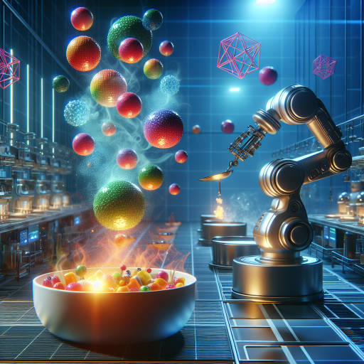 Create an image of a futuristic kitchen where abstract geometric shapes float above a steaming, colorful dish of molecular gastronomy, with robotic arms working on intricate culinary techniques in the background.