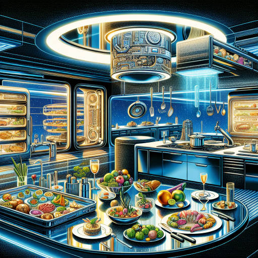 Capture an imaginative scene of a futuristic kitchen where infrared light is used to cook an otherworldly feast, showcasing the intersection of advanced technics and tantalizing food creations.