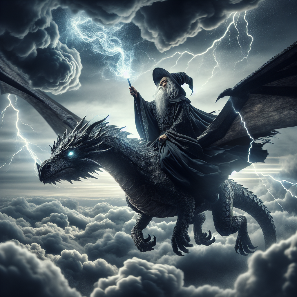 Create an epic image of a wizard riding on the back of a majestic dragon, soaring through a stormy sky with lightning crackling and dark clouds swirling around them. The wizard's robes billow in the wind as they conjure powerful magic, their eyes glowing with ancient wisdom and power. The dragon's scales shimmer in the light, reflecting the intensity of the storm as they navigate through the tumultuous skies together on a daring quest for knowledge and adventure.