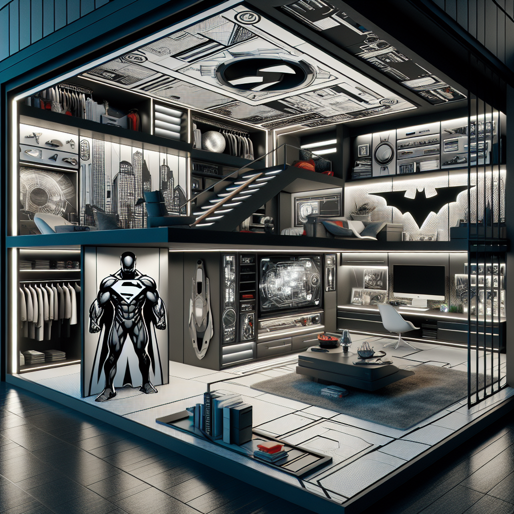 Imagine a futuristic interior design where a heroic superhero's secret lair is hidden in plain sight. The room is filled with sleek, high-tech gadgets and hidden compartments, all seamlessly integrated into the stylish decor. What does this room look like? Create an image that captures the essence of a hero's hidden sanctuary within a modern and sophisticated setting.