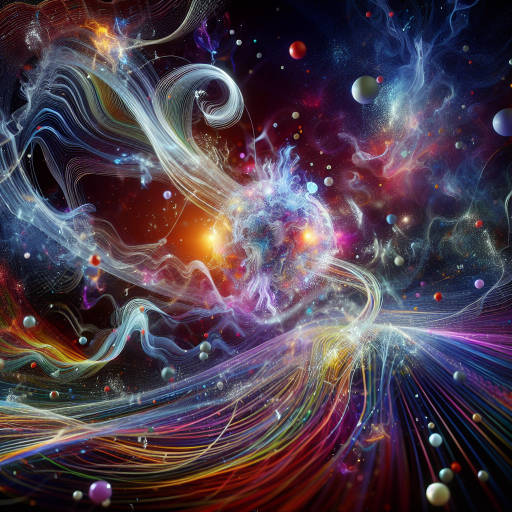 Combine the concept of quantum physics with the vibrant colors and flowing lines of abstract art to create a surreal image where particles dance and collide in a beautifully chaotic symphony.