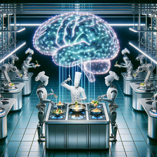 "Create an image of a futuristic kitchen where gravity-defying food sculptures are being cooked by robotic chefs, all under the watchful eye of a giant, glowing brain made of circuit boards and wires."