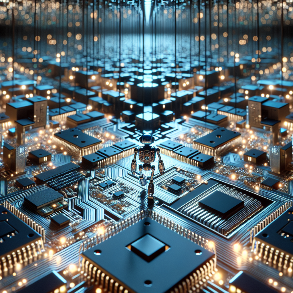 Create an image of a tiny robot exploring the intricate world of microchips and circuitry through the lens of a macro photographer, capturing the breathtaking beauty and complexity of technology on a miniature scale.