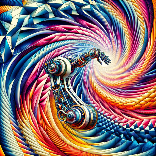 Create an image of an intricate optical illusion where a high-tech robotic arm appears to be extending out of a swirling vortex of colorful geometric shapes, blending the worlds of advanced technics and mind-bending illusions.