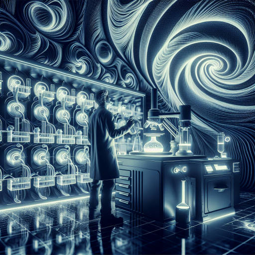 Imagine a futuristic laboratory where a scientist is conducting experiments using advanced technics and equipment, all captured through the unique lens of infrared photography. The scene is bathed in a surreal glow, with swirling patterns of light and shadow creating a visually stunning and otherworldly image.