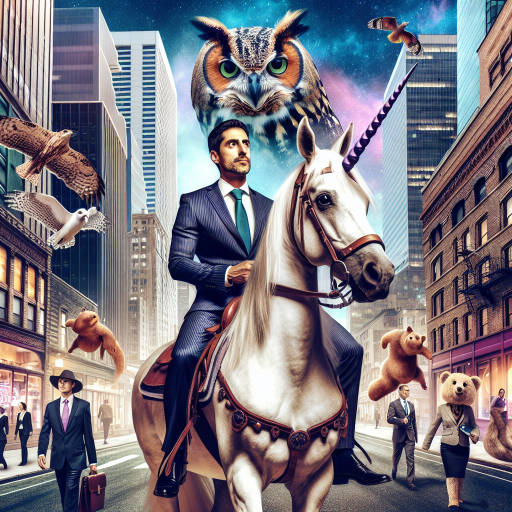 Businessman riding a majestic unicorn through a bustling city street, with a portrait of a wise old owl perched on his shoulder as they navigate their way through a sea of bustling animals in business suits.