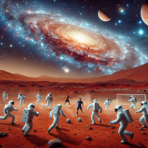 Imagine a group of astronauts playing an intense game of zero-gravity soccer on the surface of Mars, with a backdrop of swirling galaxies and distant nebulas providing a stunning cosmic backdrop.