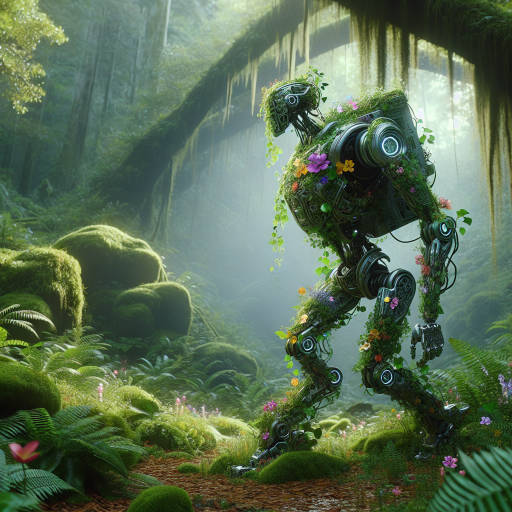 Create an image of a robot designed with intricate, delicate vines and flowers woven into its metallic exterior, blending seamlessly with its surroundings in a lush, overgrown forest.