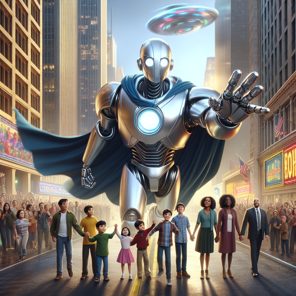 Create an image of a towering, futuristic robot adorned in sleek armor, standing heroically on a bustling city street as civilians look up in awe and gratitude. The robot's glowing eyes convey determination and a sense of protection, while its outstretched hand reaches out to shield a group of children from harm. The scene is set against a backdrop of towering skyscrapers and flying hovercars, showcasing a world where technology and heroism unite to safeguard the innocent.