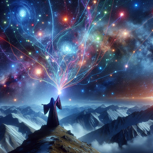 Imagine a mystical scene where a powerful wizard is standing on a mountaintop, surrounded by swirling galaxies and constellations in the night sky above. The wizard's outstretched hand is emitting beams of colorful light that are connecting with the stars, creating a dazzling display of cosmic energy. Create an image that captures the awe and wonder of this magical moment.