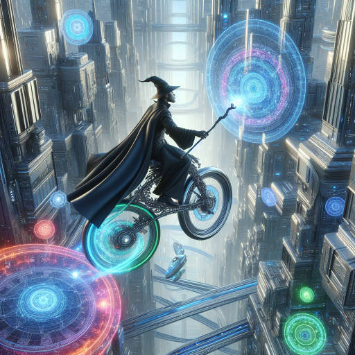 Create an image of a wizard riding a magical flying bicycle through a futuristic cityscape, casting spells to control the flow of traffic below him.