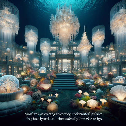 Create an image of a magical underwater palace designed by a wizard, complete with shimmering crystal chandeliers, seashell furniture, and glowing jellyfish light fixtures. Let your imagination run wild as you envision the intricate details of this fantastical interior design masterpiece beneath the sea.