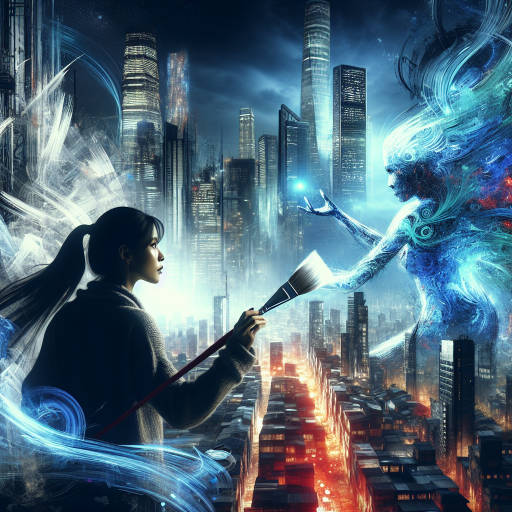 Create an image of a heroic artist wielding a paintbrush as a weapon in a futuristic cityscape, using their creative abilities to defend the city from an otherworldly threat.