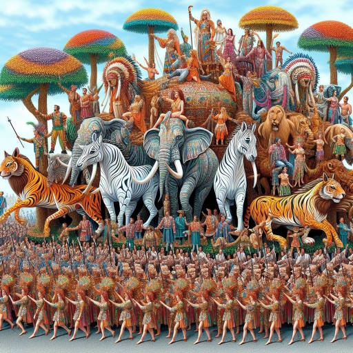 Imagine a cultural festival where wildlife creatures come to life through mesmerizing optical illusions. Create an image of a vibrant parade featuring larger-than-life animal float illusions, with dancers dressed in elaborate costumes inspired by the natural world. Let your imagination run wild as you blend the beauty of cultural traditions with the wonder of optical illusions in this fantastical scene.