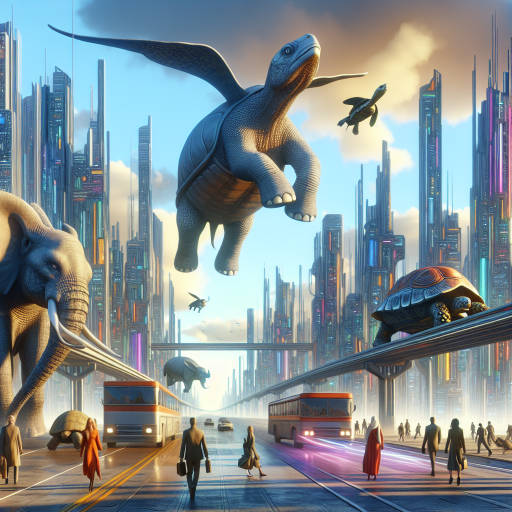 Imagine a futuristic city where wildlife reigns supreme, with flying elephants and giant turtles serving as the primary mode of transportation for its inhabitants. Capture this surreal scene in a vibrant and imaginative piece of artwork.