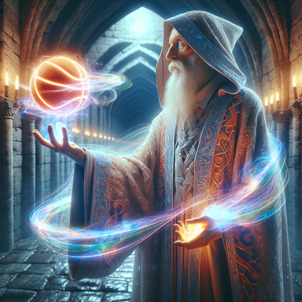 Create an image of a wizard using their magical powers to conjure a basketball made of pure energy, surrounded by a swirling vortex of colors, as they prepare to participate in a mystical sports tournament against other supernatural beings.