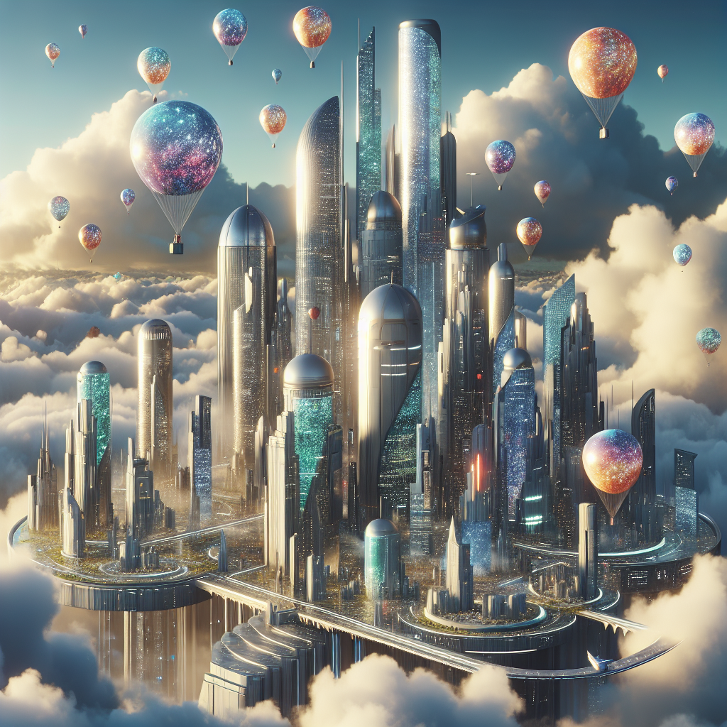 Create a painting of a futuristic, floating city where transportation is done through colorful, whimsical hot air balloons drifting through the sky.